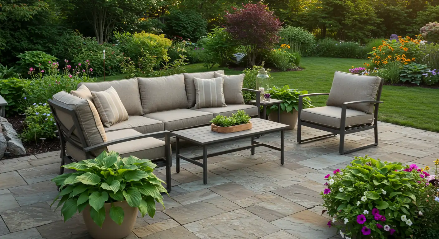 An inviting and well-furnished patio space in a Russell backyard during peak summer. The image features comfortable, empty outdoor seating (like a deep-seat sofa or armchairs with plush cushions) arranged appealingly on a stone patio or wooden deck. Include elements like colourful potted flowers, lush green plants, and perhaps a glimpse of a well-kept lawn or garden bed in the background. The lighting should be warm and welcoming, suggesting a perfect spot for relaxation. No people present.