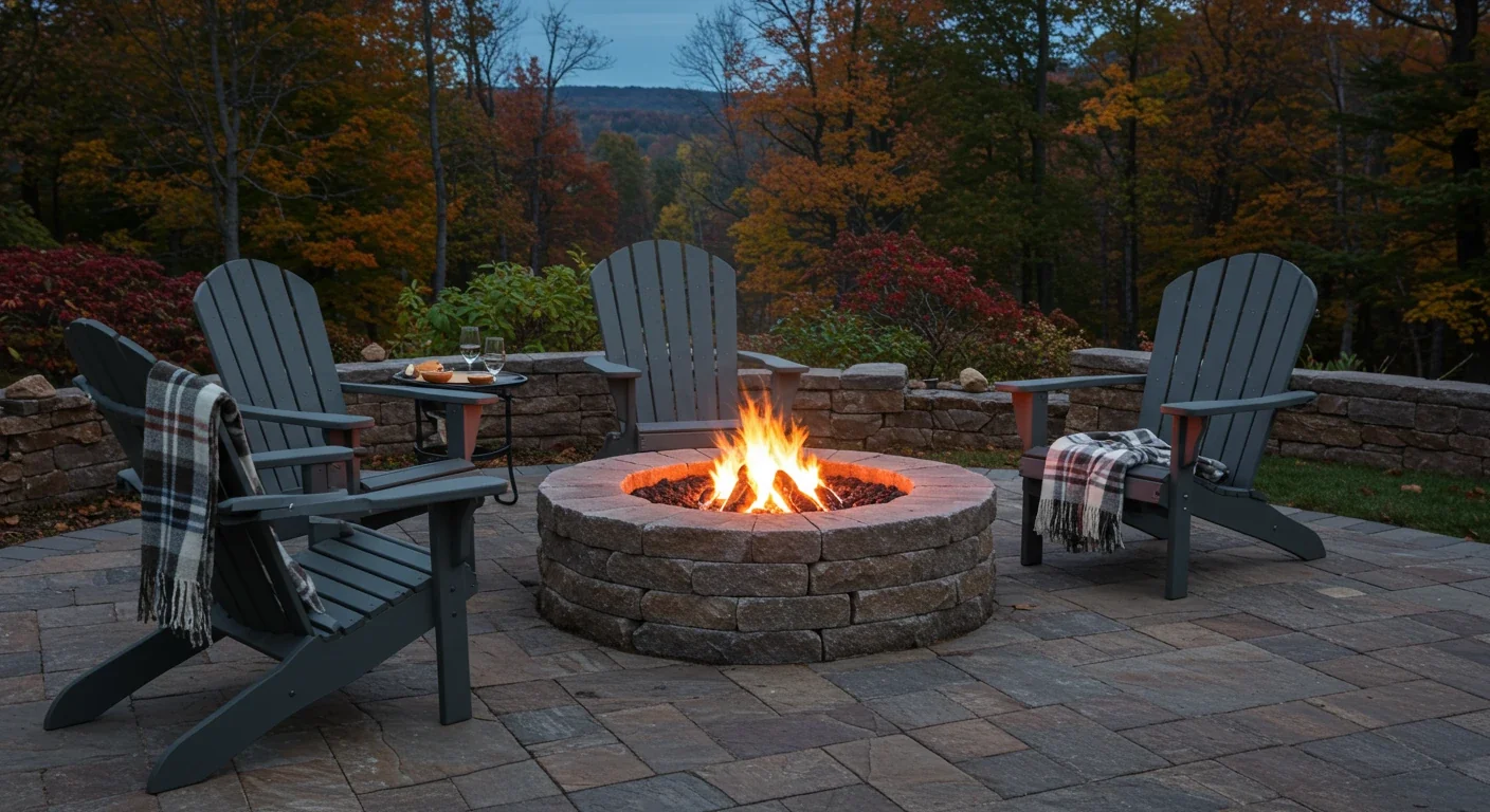 A captivating image of an inviting backyard fire pit area during autumn dusk. Show a well-built circular stone fire pit with a warm, crackling fire inside, placed safely on a paver patio. Arrange a couple of empty, comfortable Adirondack chairs nearby, perhaps with a cozy blanket draped over one. The background should hint at a Barrhaven suburban backyard setting with colourful fall leaves on trees under a twilight sky, emphasizing warmth and ambiance without any people.