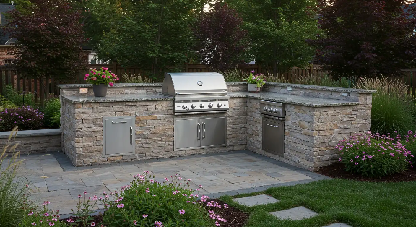 A beautifully designed outdoor summer kitchen seamlessly integrated into a lush backyard landscape. The image should showcase a built-in grill, durable countertops (like stone or concrete), and some cabinet storage, situated on a paver patio. Surrounding landscaping should include healthy plants, perhaps some ornamental grasses or flowering perennials, conveying the idea of an inviting outdoor living space. Focus on the ambiance of a pleasant summer evening.