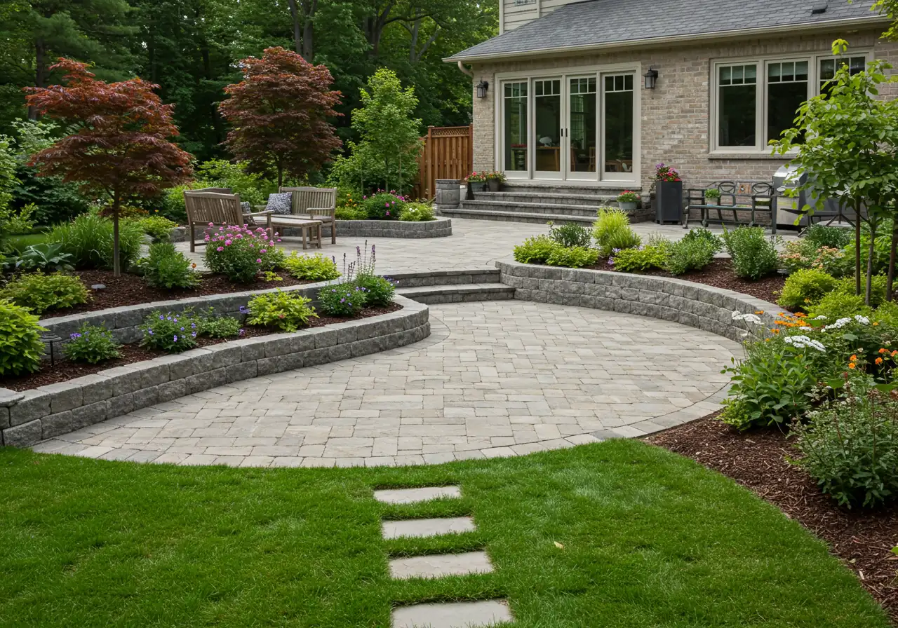 A beautifully executed backyard landscape resulting from professional planning. Showcases an interlocking stone patio area seamlessly transitioning into well-defined garden beds filled with a variety of healthy shrubs and perennials suited for the region. A curved flagstone pathway winds through a section of lush green lawn. The overall impression is cohesive, functional, and aesthetically pleasing.