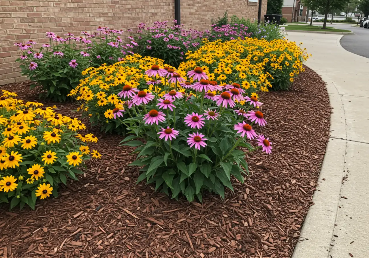 A visually appealing shot of a well-maintained commercial garden bed featuring recommended drought-tolerant perennials like vibrant purple Coneflowers (Echinacea) and Black-Eyed Susans (Rudbeckia) thriving. The soil around them is covered with a thick, neat layer of dark wood chip mulch, enhancing the professional look and illustrating good planting and mulching practice.