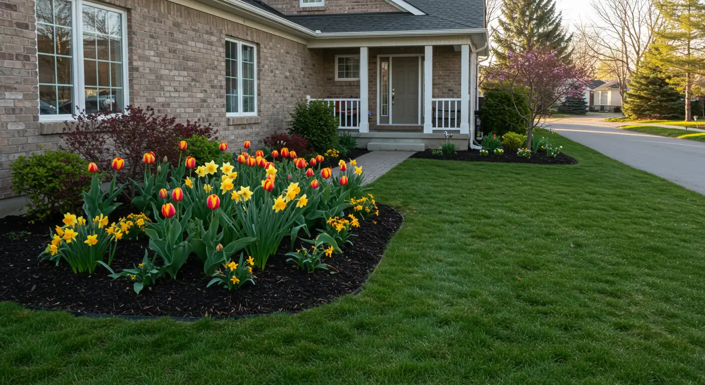 A welcoming front yard of a suburban home in Barrhaven, showcasing excellent curb appeal in the spring. The image should feature neatly edged garden beds filled with colourful spring flowers like tulips and daffodils, a lush green lawn, and a clean, well-maintained walkway leading to the front porch. The focus is on the visual impact of good landscaping.