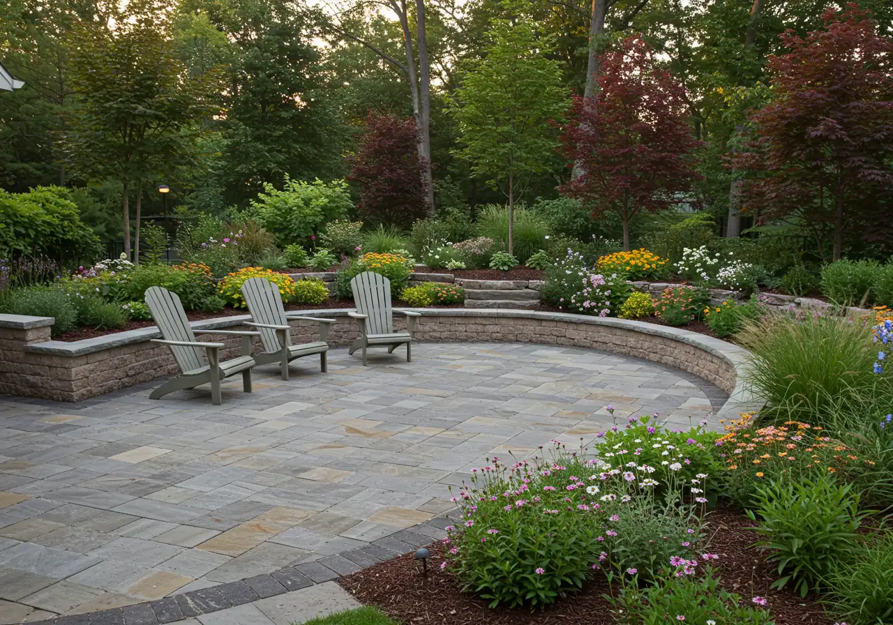 An inspiring, high-quality photograph of a beautifully completed landscape project that exemplifies the kind of dream yard discussed. This should feature well-designed hardscaping (patio or walkway), lush and healthy plantings, good integration of elements, and perhaps inviting (but empty) outdoor furniture, conveying a sense of tranquility and achieved vision.