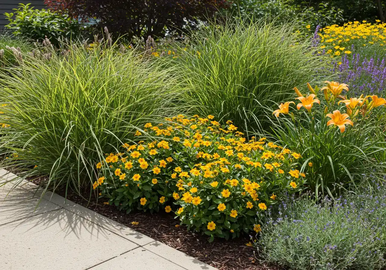 A vibrant, healthy planting combination featuring several salt-tolerant plants thriving near a paved walkway or driveway edge. Could show Feather Reed Grass ('Karl Foerster') standing tall next to flowering yellow Potentilla shrubs and clumps of sturdy Daylilies. The plants look vigorous and undamaged, illustrating successful planting in a potentially salty zone.
