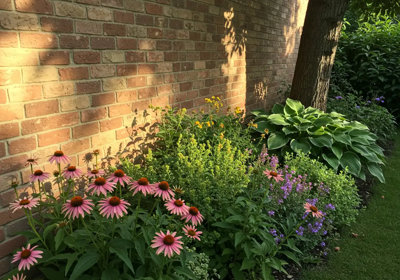 A clear visual example of contrasting microclimates within the same yard. Focus on a hot, sunny spot adjacent to a cooler, shaded area. Show heat-loving plants thriving near a south-facing brick wall while different, shade-tolerant plants flourish nearby under tree cover, emphasizing the sharp difference in conditions over a short distance.