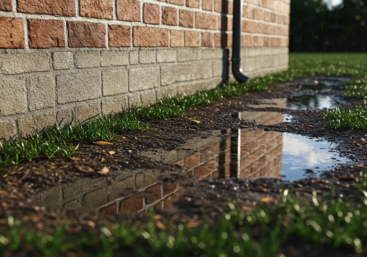 A photograph clearly showing rainwater puddles collected directly against the lower part of a house's foundation wall and the adjacent soil.
