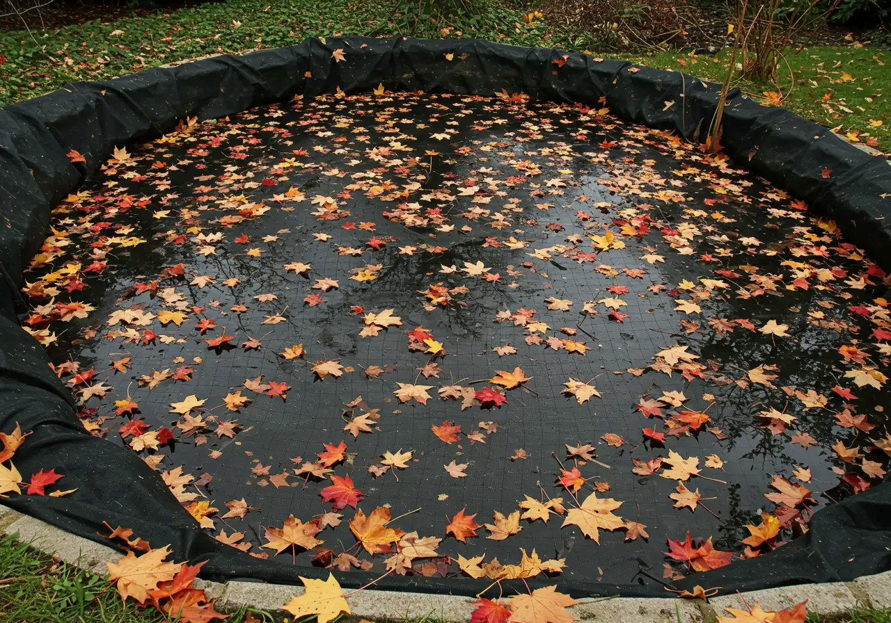 A garden pond in late autumn, illustrating winter preparation. Black protective netting is stretched tautly across the water's surface, catching colourful red and yellow fallen maple leaves. The water beneath is still and dark, reflecting a grey, overcast sky. Dormant, brown-edged aquatic plants like water lilies or cattails are visible around the pond perimeter.