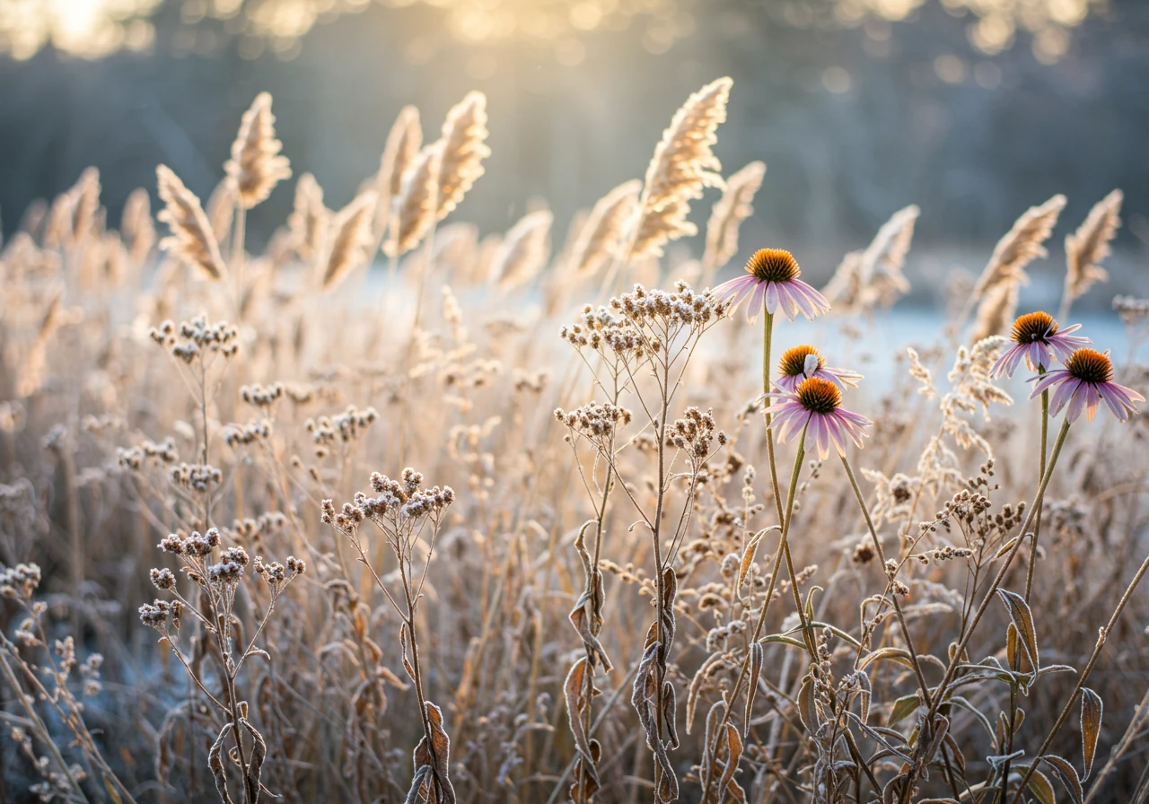 A visually appealing image demonstrating the 'leave the mess' concept for fall/winter care. Show dried seed heads and stalks of native perennials or grasses (like Switchgrass or Coneflower) standing in a garden bed, possibly touched by frost, providing winter interest and habitat.