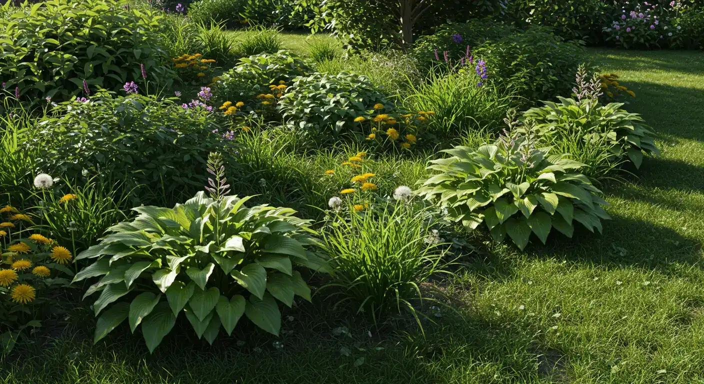 A realistic image capturing a typical residential garden bed in mid-summer that is starting to look slightly overgrown. It should show a mix of healthy perennials alongside some tall weeds and perhaps grass creeping into the edges, visually representing the 'garden chaos' mentioned without looking completely neglected. This sets the stage for the article's purpose.