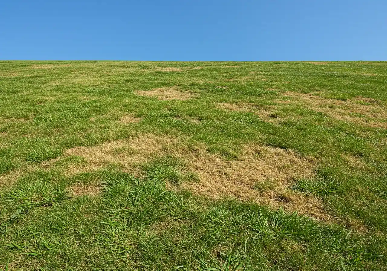 A visual representation of a lawn suffering from summer stress, showing distinct patchy brown areas contrasting with greener sections, possibly with some common weeds like crabgrass visible.