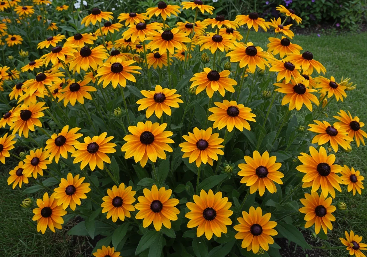 An inspiring image showcasing one of the recommended native plants thriving in a garden setting. For example, a healthy cluster of Black-Eyed Susans (Rudbeckia hirta) in full, cheerful bloom within a garden bed, demonstrating their beauty and suitability.