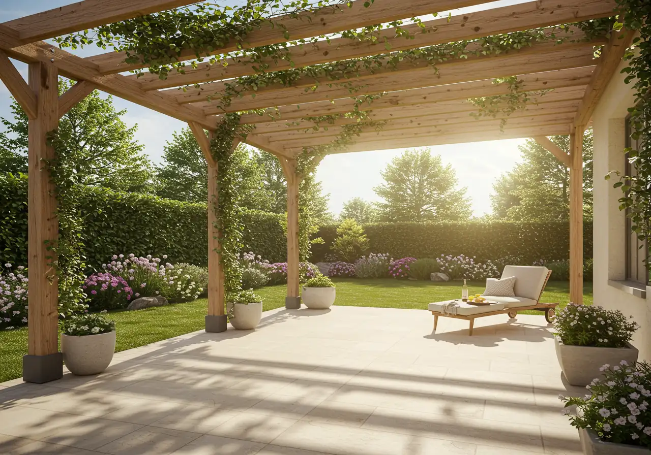 A photograph focusing on a practical cooling solution for a hot spot. Showcases a well-designed wooden pergola covered partially with healthy, leafy green climbing vines (like Clematis or Hops), casting dappled shade onto a light-coloured paver patio below. The surrounding area outside the pergola's shade should appear bright and sunny, emphasizing the cooling effect and architectural benefit of the structure.