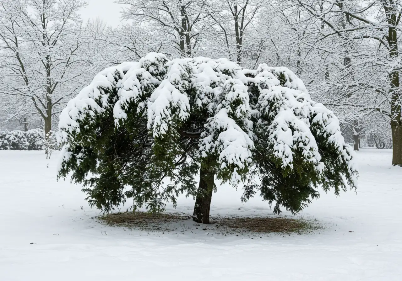 A photograph depicting the hazard of heavy snow load on shrubs. It shows an upright evergreen shrub, like a cedar or juniper, with its branches significantly bent downwards under the weight of accumulated wet snow, illustrating the potential for breakage.