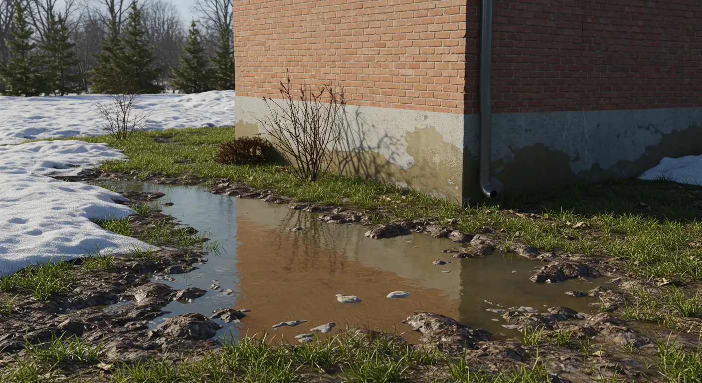Illustrate the problem: A photograph showing water pooling significantly around the base of a house foundation in early spring. The lawn should look saturated and potentially muddy, clearly visualizing the 'spring swamp' scenario the article aims to prevent.