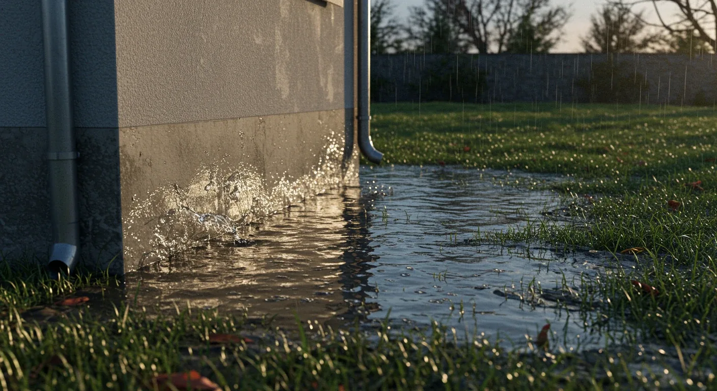 A realistic photograph depicting the problem of poor grading: noticeable water pooling directly against a house's foundation wall after a rain or during spring melt. The adjacent lawn area appears soggy and stressed. The focus should be on the water accumulation near the foundation, illustrating the potential for water damage.