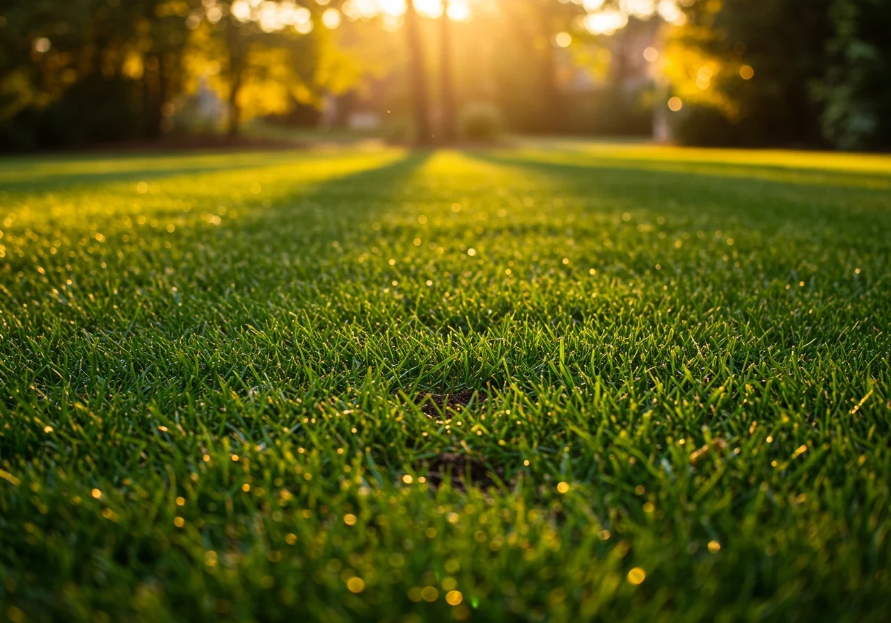 A visually appealing image capturing a recently aerated lawn during the fall season. Show aeration plugs scattered across healthy grass, with soft, warm autumnal sunlight casting long shadows. Perhaps include a few blurred, colourful fall leaves on the lawn or in the background to subtly indicate the season, without overwhelming the focus on the aeration plugs.