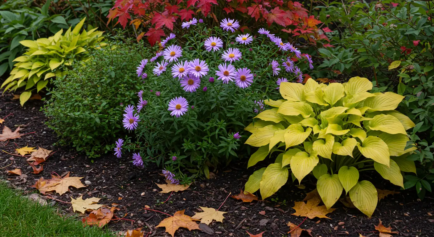 A visually appealing image capturing the essence of a Metcalfe garden in autumn. It shows a mix of plants, some still vibrant (like chrysanthemums or asters), others beginning to fade or show fall colour (like hostas turning yellow), with colourful fallen leaves scattered on rich soil. This sets the scene and illustrates the time of year the article focuses on.