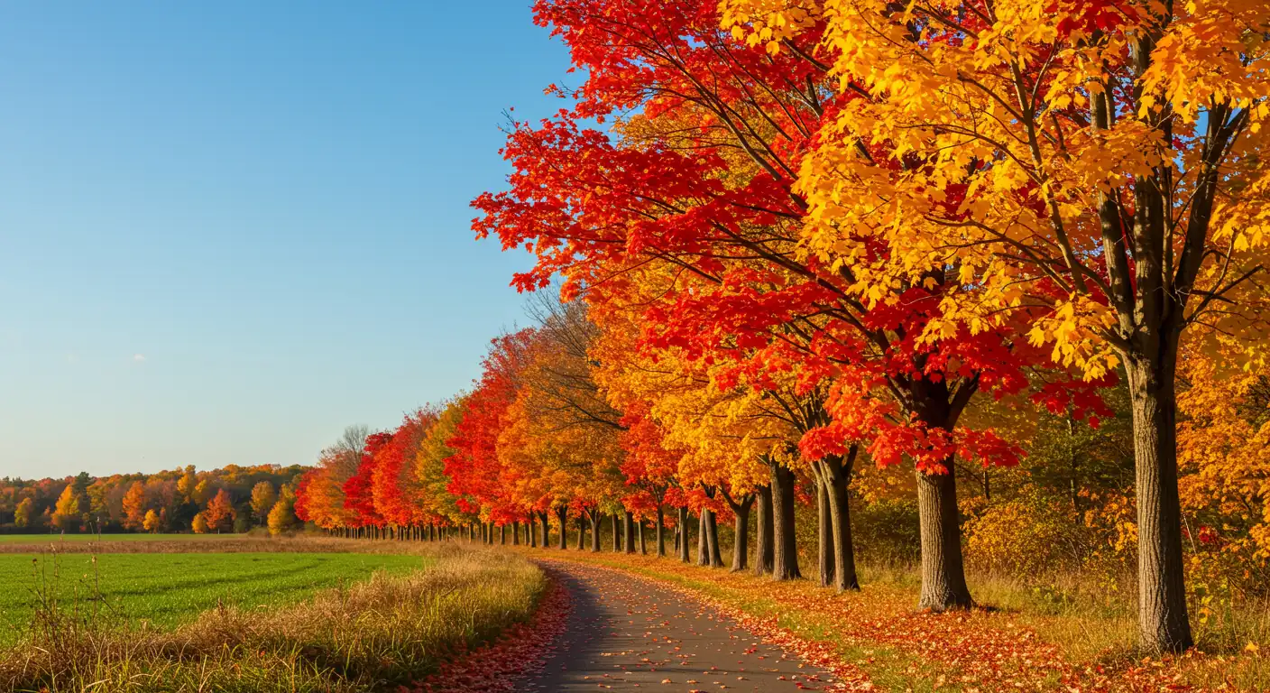 A vibrant photograph capturing the essence of autumn in the Embrun area. The image should showcase a scenic country road or landscape bursting with the fiery reds, brilliant oranges, and golden yellows of fall foliage mentioned in the text. The focus is on the natural beauty that inspires the desire for fall cleanup, setting the scene.