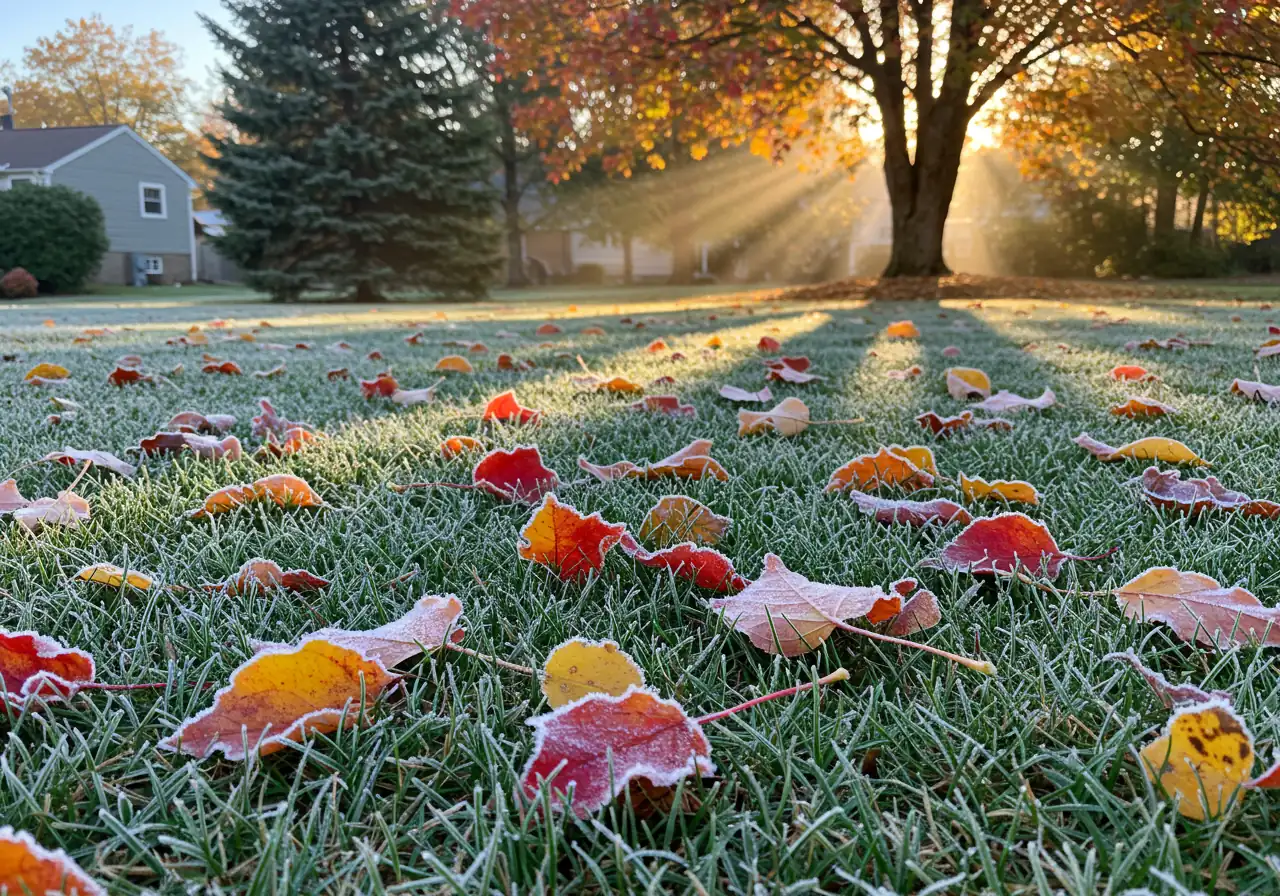 A visually appealing photograph signifying the crucial fall timing for winterization. Capture a scene showing a well-maintained lawn in late autumn, dotted with colourful fallen leaves (reds, oranges, yellows). A light, sparkling layer of morning frost should be visible on the tips of the grass blades and some of the leaves, indicating the onset of freezing temperatures. The light should be soft, cool morning sunlight.