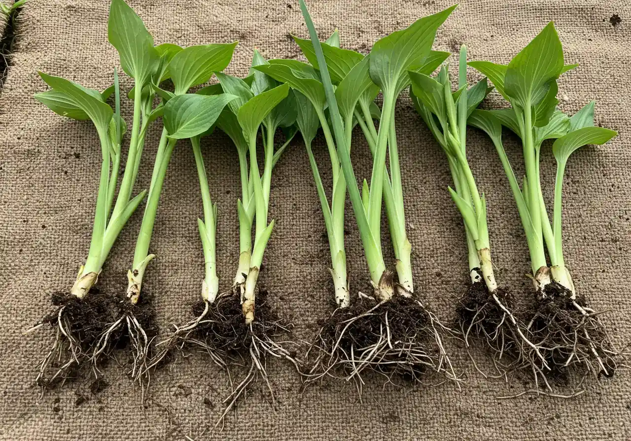 Several healthy divisions taken from a perennial clump (like Hosta or Siberian Iris) laid out neatly on a piece of damp burlap fabric. Each division clearly shows a healthy portion of pale roots and several green shoots or buds ('eyes'). The divisions look vigorous and ready for replanting. Focus on the details of the roots and shoots.