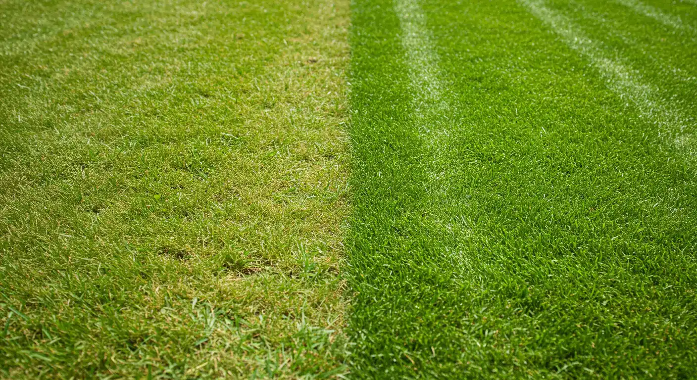 A visual comparison highlighting the benefit of overseeding. One side shows a thin, patchy lawn with visible bare spots and maybe a few weeds. The other side shows a dense, vibrant, healthy green lawn, representing the desired outcome after successful overseeding.