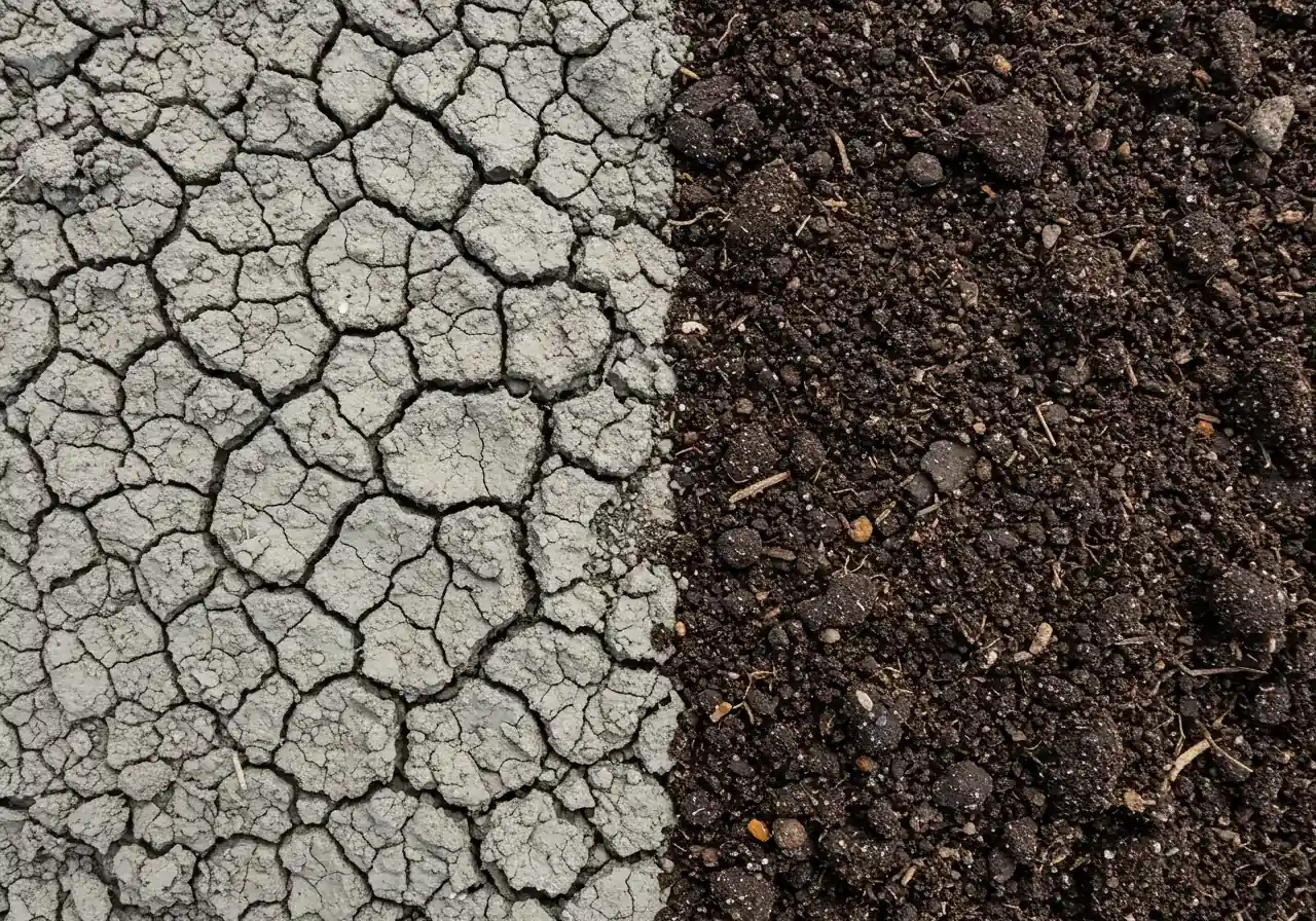 A close-up photograph illustrating the texture of dry, cracked clay soil. This visual emphasizes the shrinkage and instability described in the text, helping readers understand the core challenge.