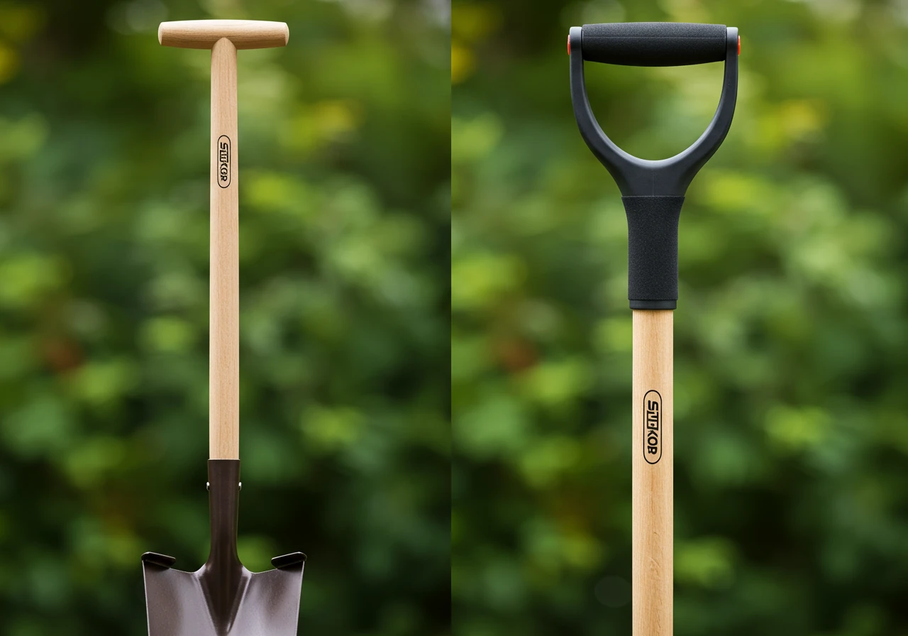 A side-by-side comparison photograph of two garden shovels standing upright against a neutral, blurred garden background. One is a standard shovel with a straight wooden handle. The other is an ergonomic shovel featuring a slightly curved metal shaft, a padded D-grip handle, and a larger footstep area on the blade. Focus is on the contrasting design features.
