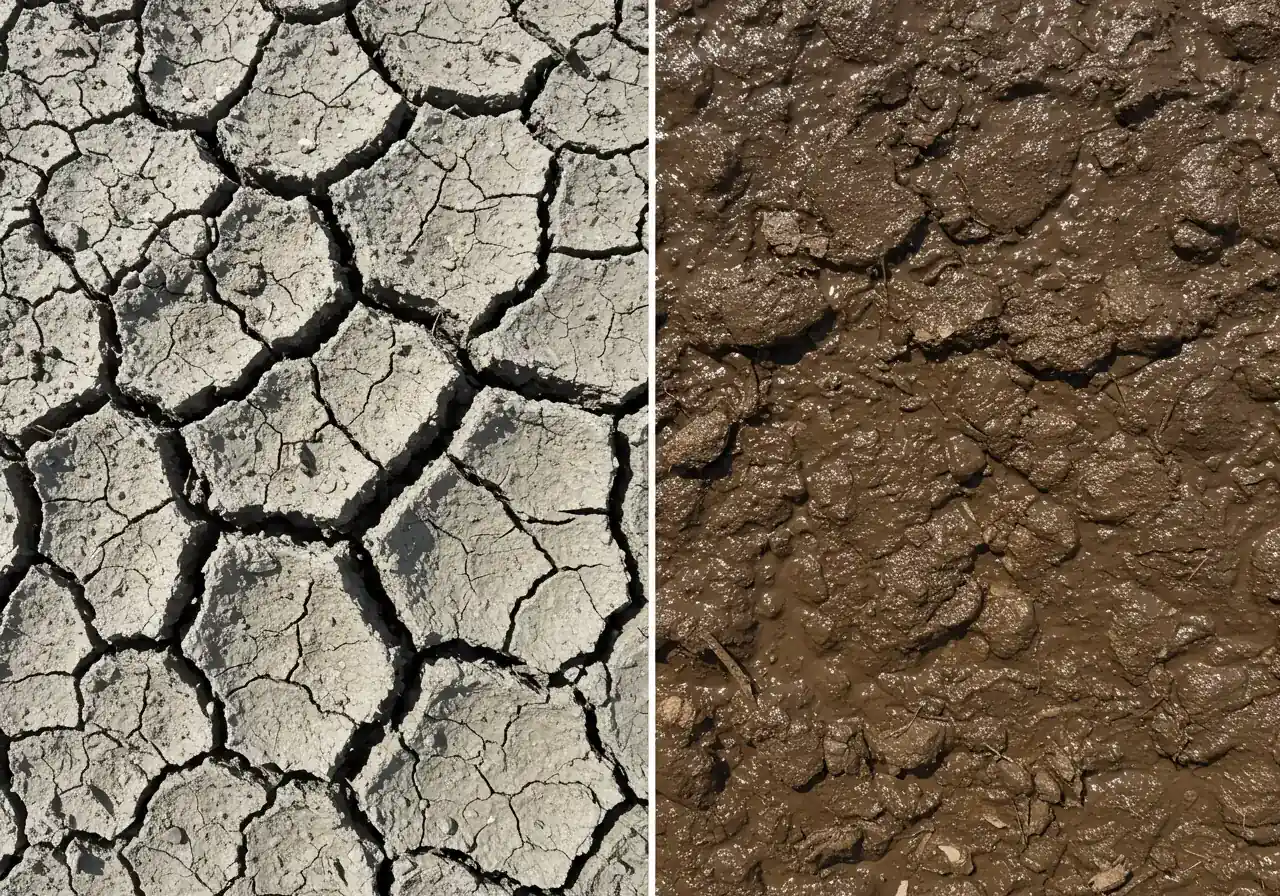 A dramatic close-up split image showing the contrasting textures of heavy clay soil. One side shows dry, deeply cracked grey clay under harsh sunlight, highlighting its hardness. The other side shows dark, wet, sticky brown clay, illustrating poor drainage and difficult workability.