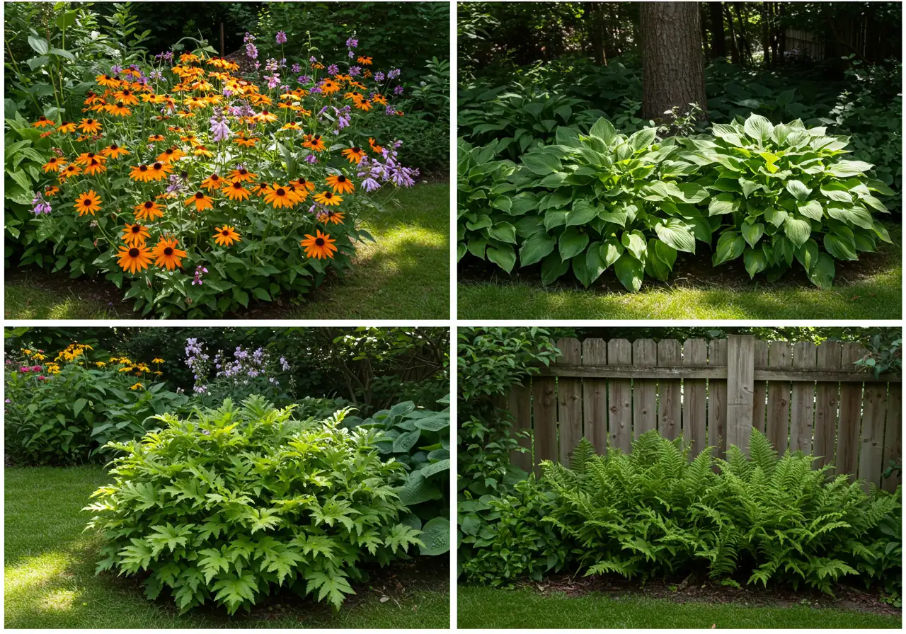 A split-screen image or collage visually demonstrating the different levels of sun exposure in a garden. One section shows bright, direct sunlight on flowering plants (Full Sun). Another section shows dappled sunlight filtering through tree leaves onto shade-tolerant plants like hostas (Part Sun/Shade). A third section shows a deeply shaded area under dense foliage or beside a structure, perhaps with ferns or moss (Full Shade). The focus should be on the quality and intensity of light in each distinct zone.