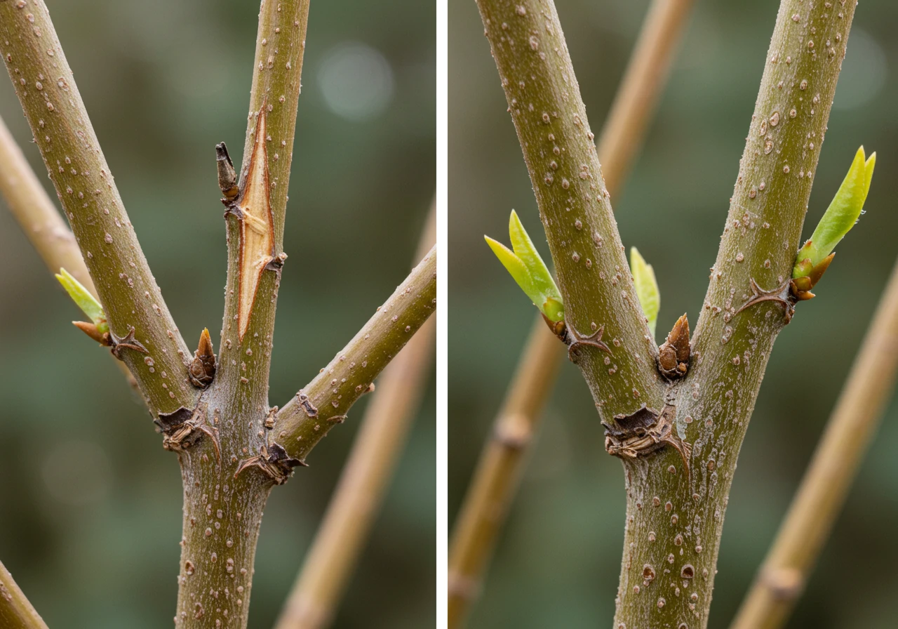 A comparison image focusing on incorrect vs. correct pruning cuts. One side shows a branch with a long, ugly stub left above a bud (Blunder #4), and the other side shows a clean, angled cut made properly just above a bud on the same type of shrub.