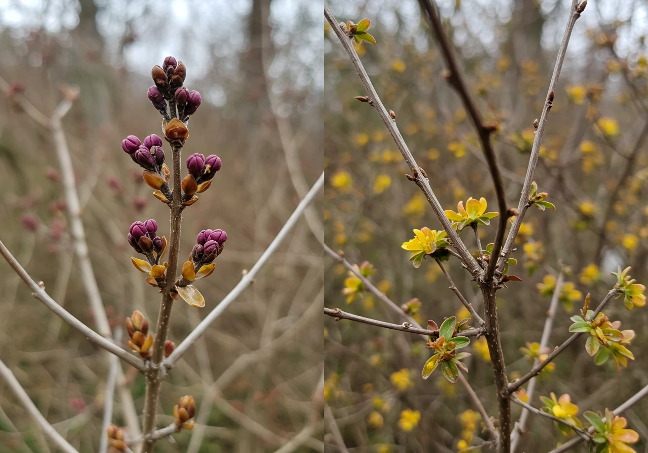 A split image or side-by-side comparison illustrating the core concept of the section. Left side: Close-up of dormant Lilac branches clearly showing next year's plump flower buds on old wood (discouraging fall pruning). Right side: Close-up of dormant Potentilla stems, showing thinner growth without obvious flower buds, suitable for fall trimming (encouraging fall pruning).