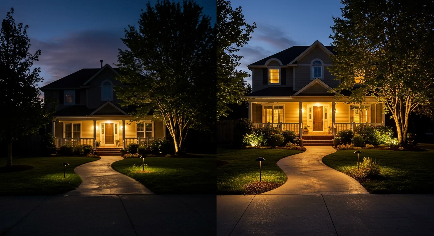 A split-image comparison illustrating the difference professional lighting makes. The left side shows a house at night dimly lit by only a harsh porch light, with landscaping details lost in shadow. The right side shows the same house and landscaping beautifully illuminated with warm, strategically placed outdoor lights highlighting trees, pathways, and architectural features, creating a welcoming and upscale ambiance.
