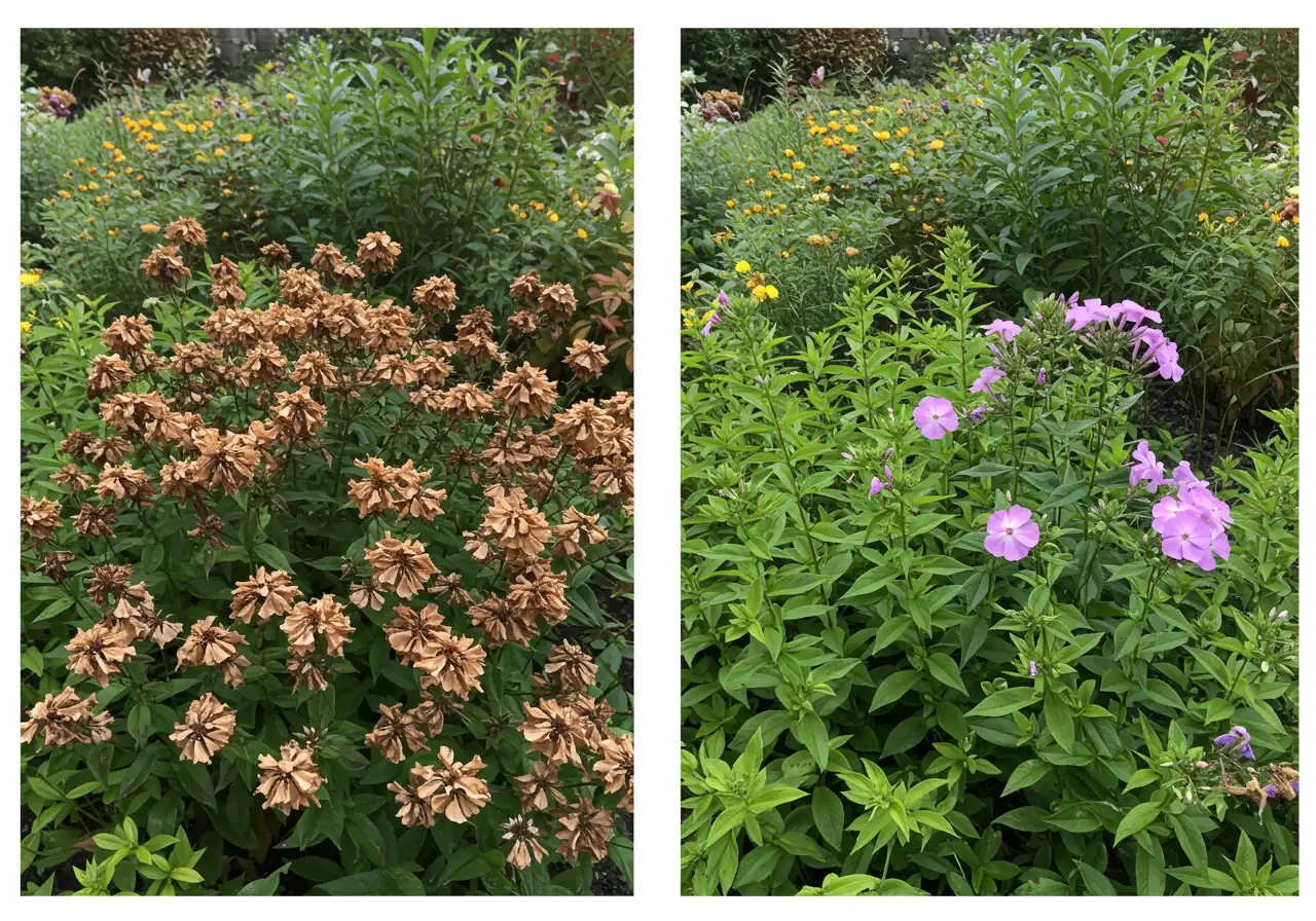 A visually contrasting split image or side-by-side comparison. Left side shows a close-up of a perennial garden bed with messy, brown, spent flower heads (like shasta daisies or phlox) mixed with remaining green foliage. Right side shows the *same* garden bed section, but tidied up after deadheading, showcasing the cleaner appearance with only green foliage and perhaps a few remaining late blooms standing out.