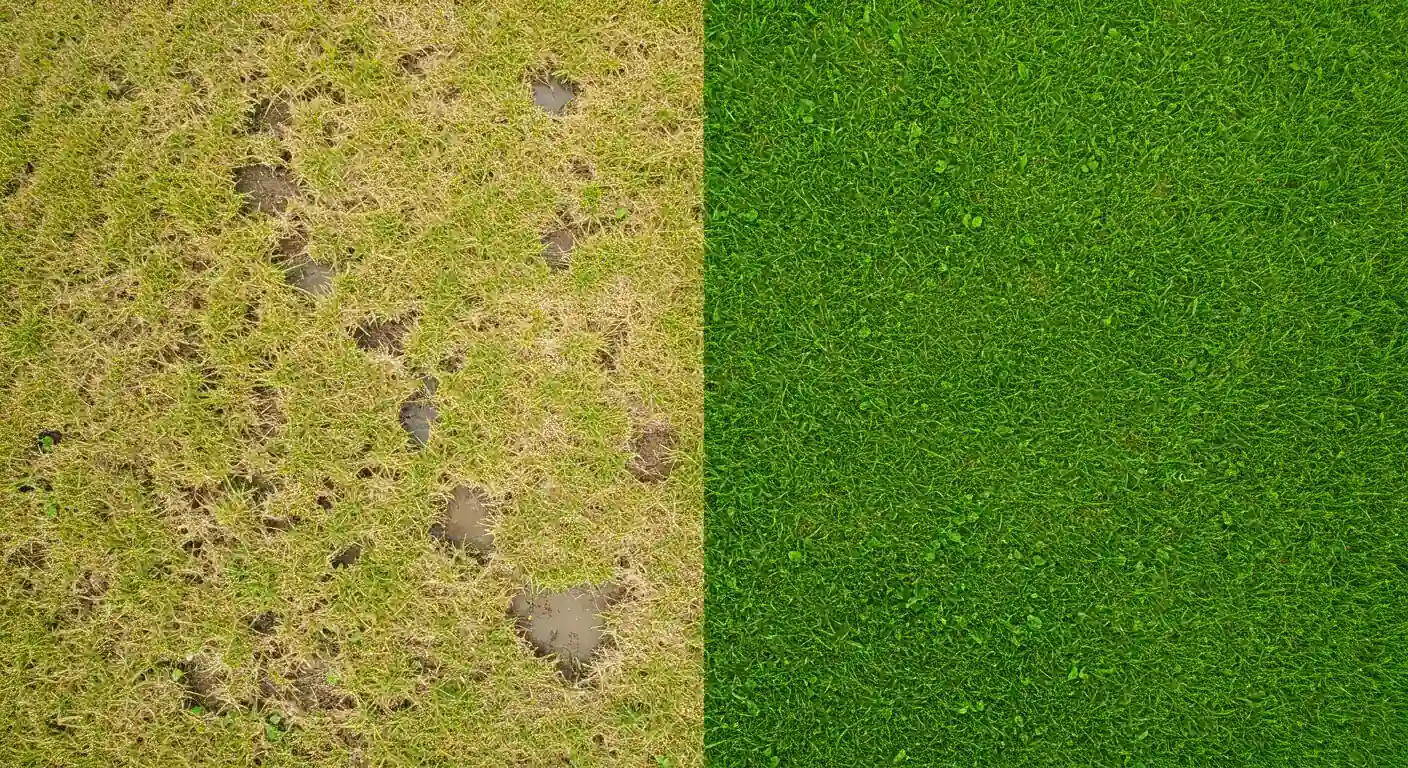 A split-image visual contrasting a patch of compacted, thin, yellowish lawn with visible standing water puddles against a section of thick, vibrant green, healthy lawn. This illustrates the problem (compaction) the article aims to solve.