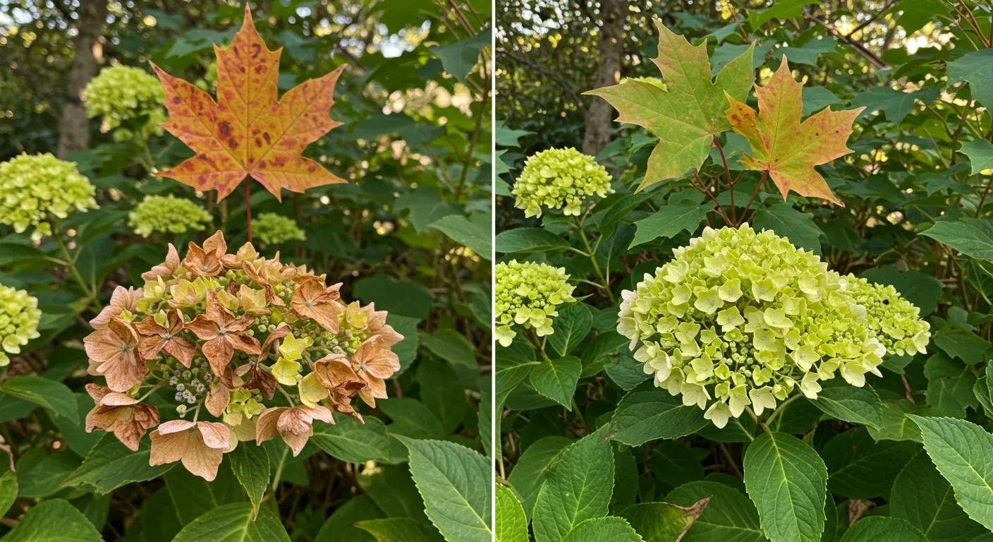 A side-by-side comparison image. The left half shows a slightly droopy hydrangea bush with some yellowing leaves and a background maple tree leaf with visible brown spots, depicted under harsh midday sun. The right half shows the same hydrangea bush looking vibrant and full with lush green leaves and colorful blooms, and the background maple leaf is healthy green, depicted in soft, appealing evening light. No people or text.