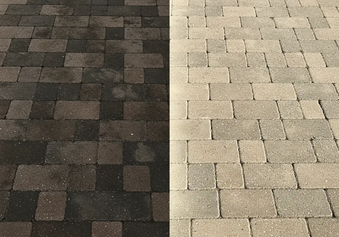 A split-view image showcasing the dramatic difference cleaning makes. One half of an interlocking paver patio is dark, stained with winter grime and possibly salt residue, while the other half is bright, clean, and freshly rinsed, showing the original paver colours. A clear dividing line separates the two sections.