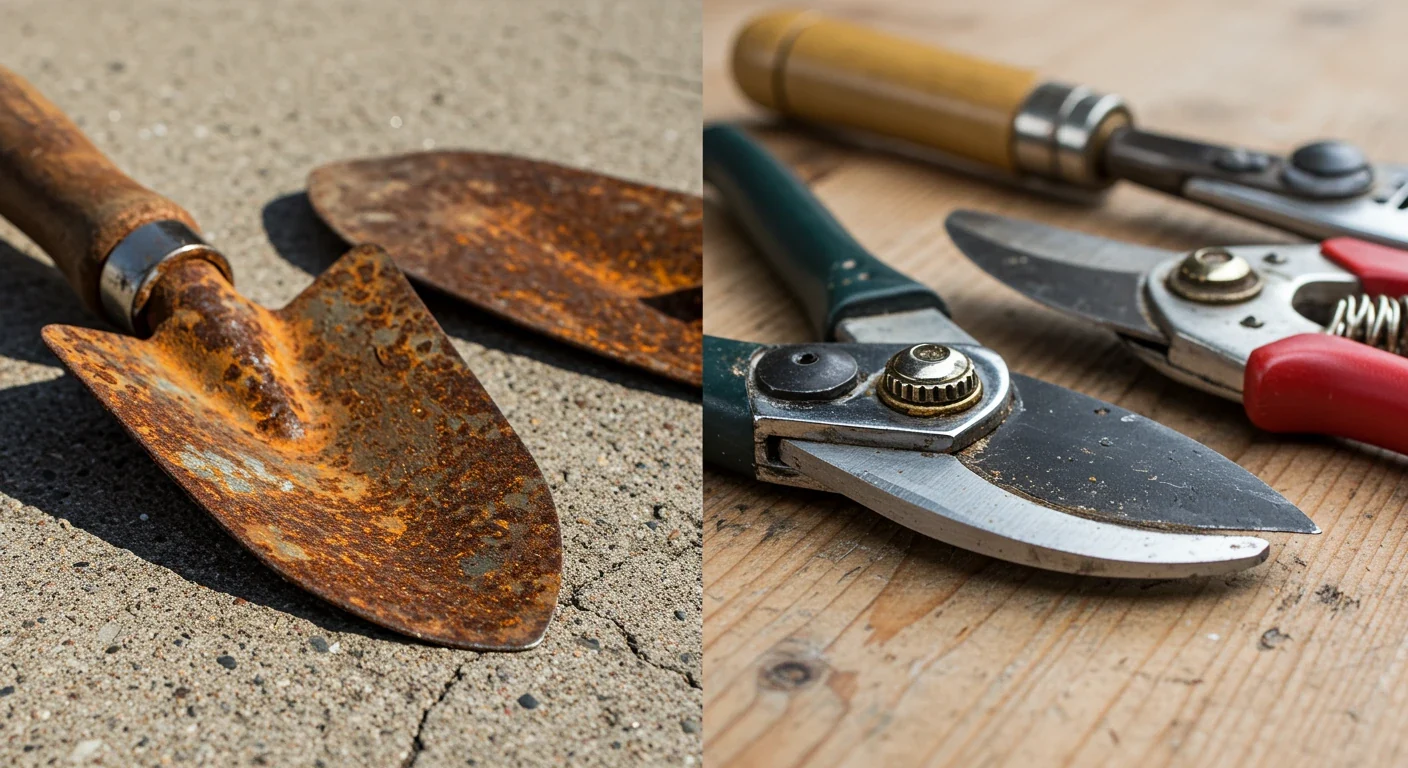 A dramatic visual contrast showing the consequence of neglect versus proper care. On one side, a close-up of a heavily rusted garden trowel and pruning shears, appearing dull and pitted, resting on a damp, weathered surface. On the other side, identical tools, but clean, sharp, lightly oiled, and gleaming, ready for use, set against a clean, dry backdrop. The contrast should strongly emphasize the 'rusty surprise' versus prepared tools.