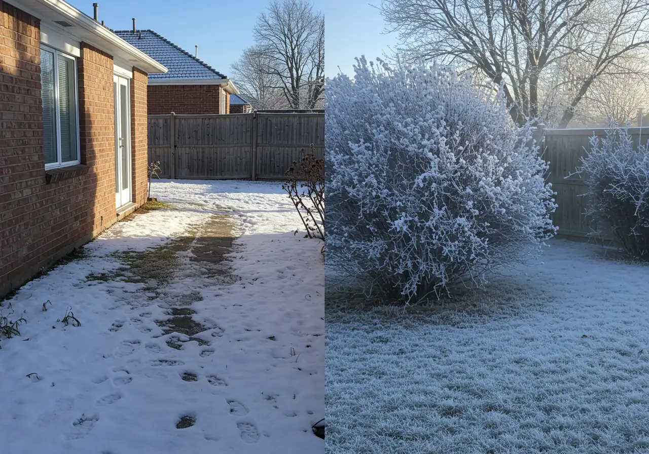 A split-view image illustrating microclimates within a single backyard during winter. One side shows a sheltered area against a house wall, receiving weak winter sun, with minimal snow and frost mostly melted. The other side shows an exposed corner of the same yard, with deeper snow accumulation, visible frost on dormant plants, and a more windswept appearance.