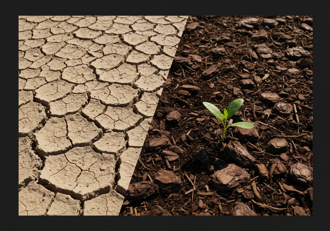 A visually contrasting diptych or split image. One side shows dry, cracked, hard-looking clay soil under harsh sunlight, perhaps with a struggling weed. The other side shows the same type of soil but covered with a healthy layer of dark brown shredded bark mulch, looking moist and rich beneath, with a small healthy green plant shoot emerging near the edge.