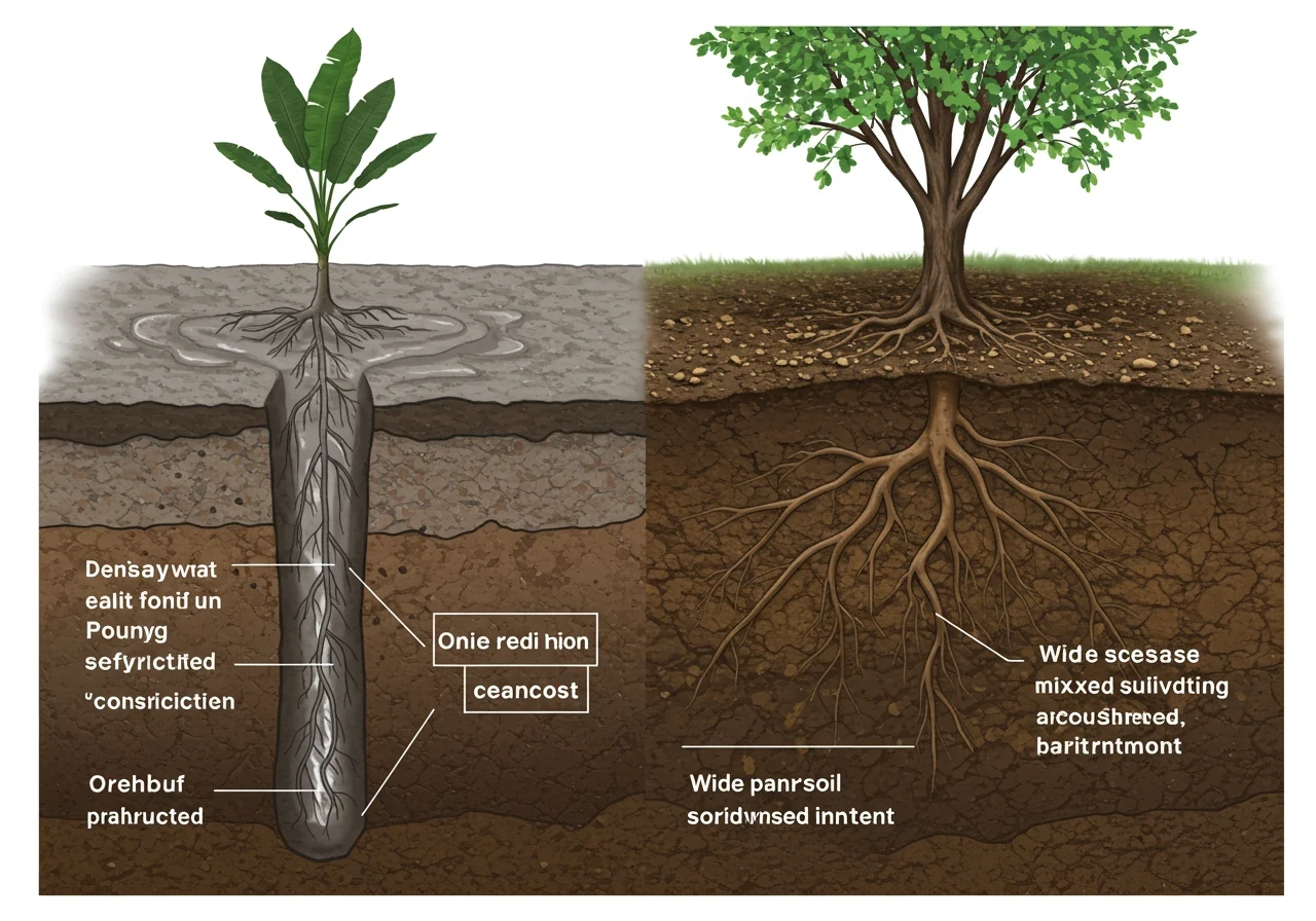 A clear illustration showing the difference between a poorly dug hole in clay and a properly prepared wide hole with amended soil. The left side depicts a narrow, deep 'clay bowl' trapping water around roots. The right side shows a wide, shallower hole backfilled with a rich, dark mixture of native clay soil and compost, allowing roots space to spread horizontally.