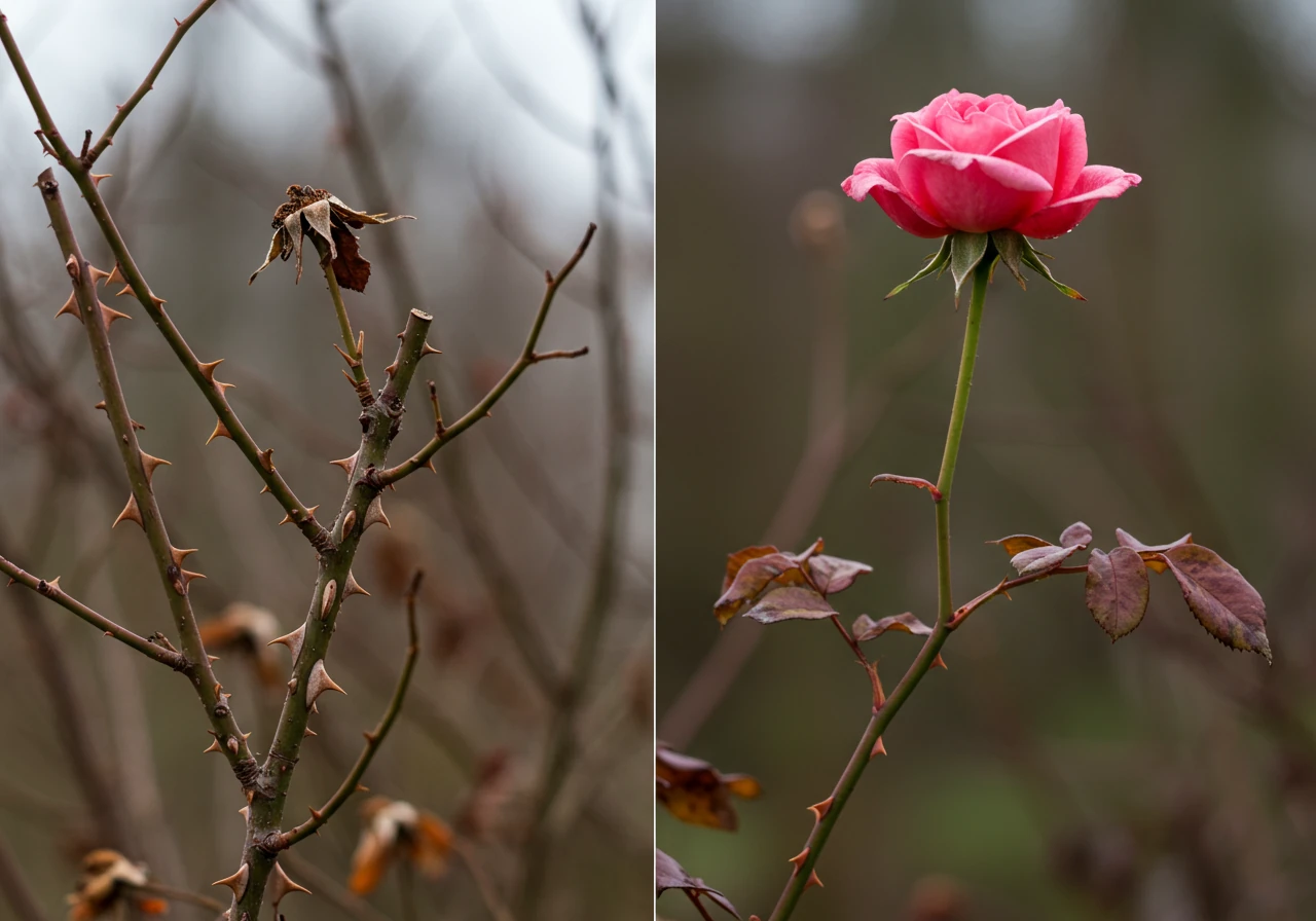 A split-view image comparing two dormant rose bushes in late fall. On the left, a hardy shrub rose (like a Rugosa or Explorer series) with thick, sturdy canes, looking robust. On the right, a tender Hybrid Tea rose with noticeably thinner, more delicate canes. Both are set against a blurred, dormant garden background, highlighting the structural differences relevant to winter hardiness.