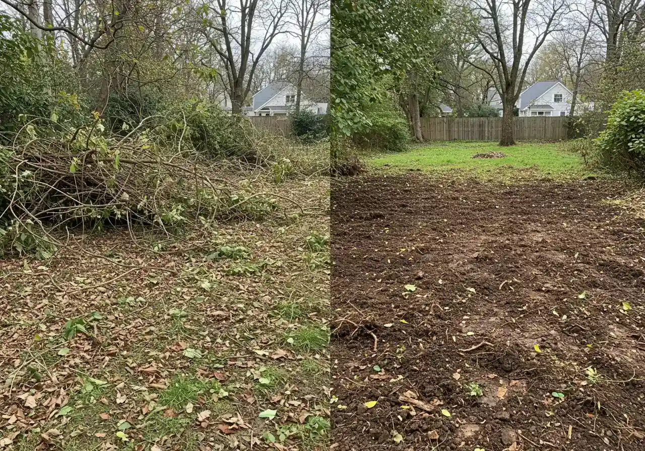 A visually contrasting image showing a split view. On the left, an overgrown yard area with thick, tangled brush, fallen leaves, and perhaps a few small unwanted saplings. On the right, the same area transformed after land clearing, revealing clear, dark soil, possibly slightly graded, ready for planting or landscaping. The transition between the two sides should be distinct but natural.