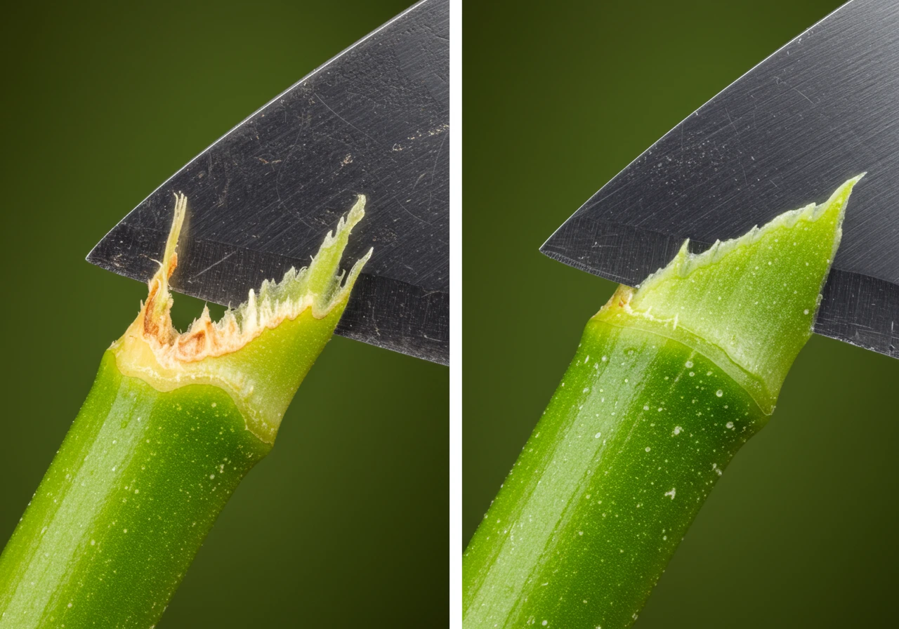 A split-image or side-by-side comparison clearly showing the difference between a plant stem cut with a dull blade versus a sharp blade. The dull cut should appear crushed and ragged, while the sharp cut is clean and precise. This visually reinforces the point about plant health.