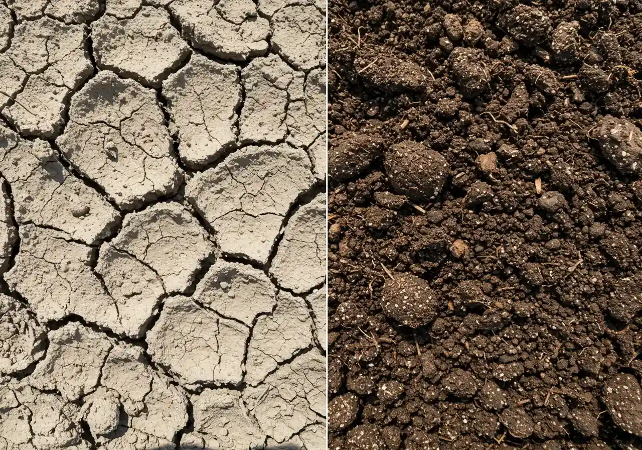 A close-up, split-image comparison visually demonstrating the difference between unimproved heavy clay soil and soil amended with organic matter. The left side shows dry, cracked, pale greyish-brown clay soil. The right side shows dark, rich, crumbly loamy soil with visible compost mixed in, appearing moist and fertile. This stark contrast highlights the soil challenge mentioned.