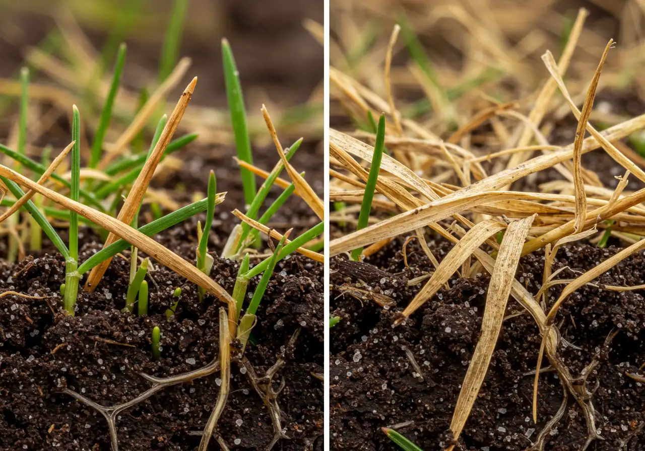 A split image or side-by-side comparison illustrating the difference between dormant grass and potentially dead grass. The left side shows brown grass with visible green shoots near the soil line, indicating dormancy. The right side shows uniformly brown, brittle-looking grass being easily pulled up (implied by loose look, no hands shown), indicating it might be dead.