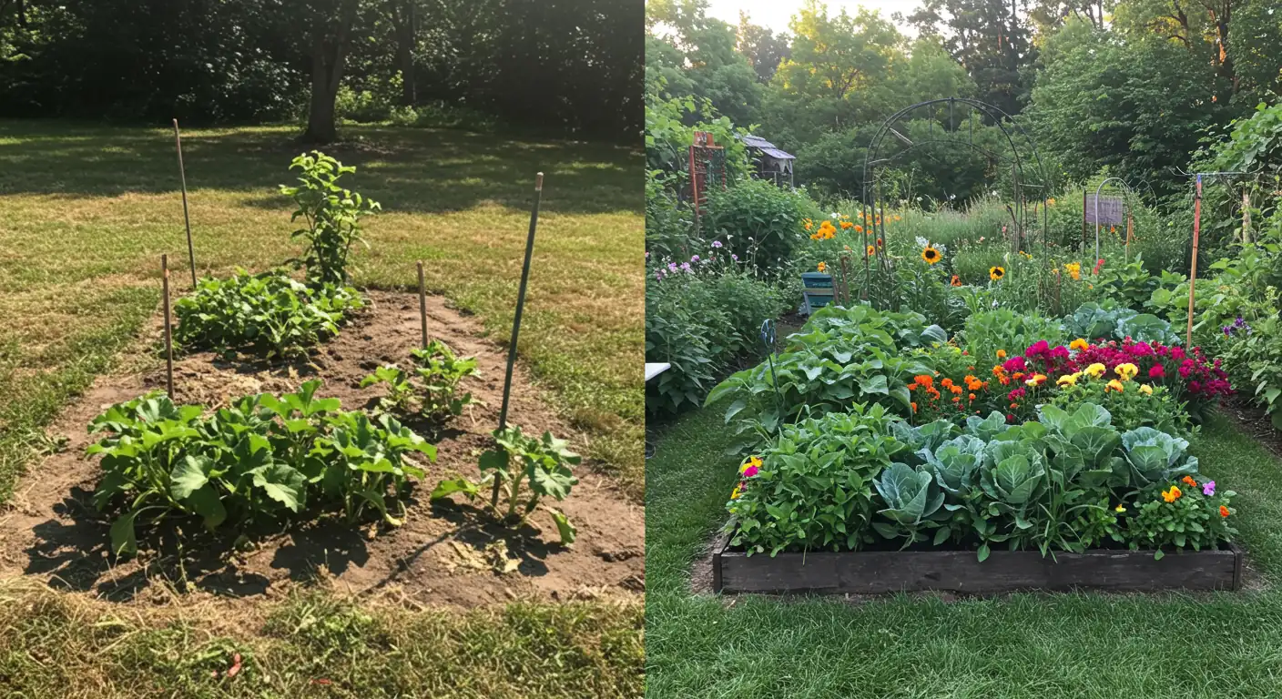 A visually appealing split image. The left side shows a slightly neglected, disorganized garden patch with a few wilting plants under harsh sunlight. The right side shows the same patch transformed into a thriving, well-organized garden bed overflowing with healthy, vibrant flowers and vegetables, bathed in soft morning light. No tools, people, or explicit 'before/after' text.