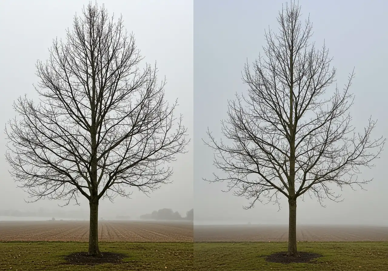 An image contrasting a well-structured young tree (perhaps dormant to show structure clearly) with one suffering from a common mistake like topping (ugly stubs, bushy regrowth) or having multiple competing leaders. The 'good' tree should have a clear central leader and balanced branching.