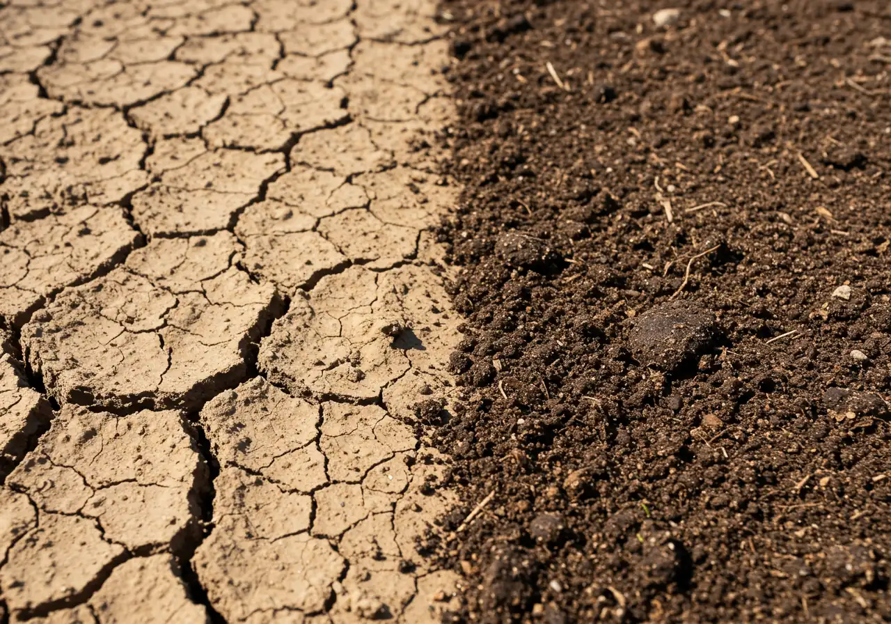 A clear visual comparison showing the texture difference between unimproved clay soil and soil amended with organic matter. The left side shows dense, pale, clumpy clay, while the right side shows dark, rich, crumbly soil mixed with compost.