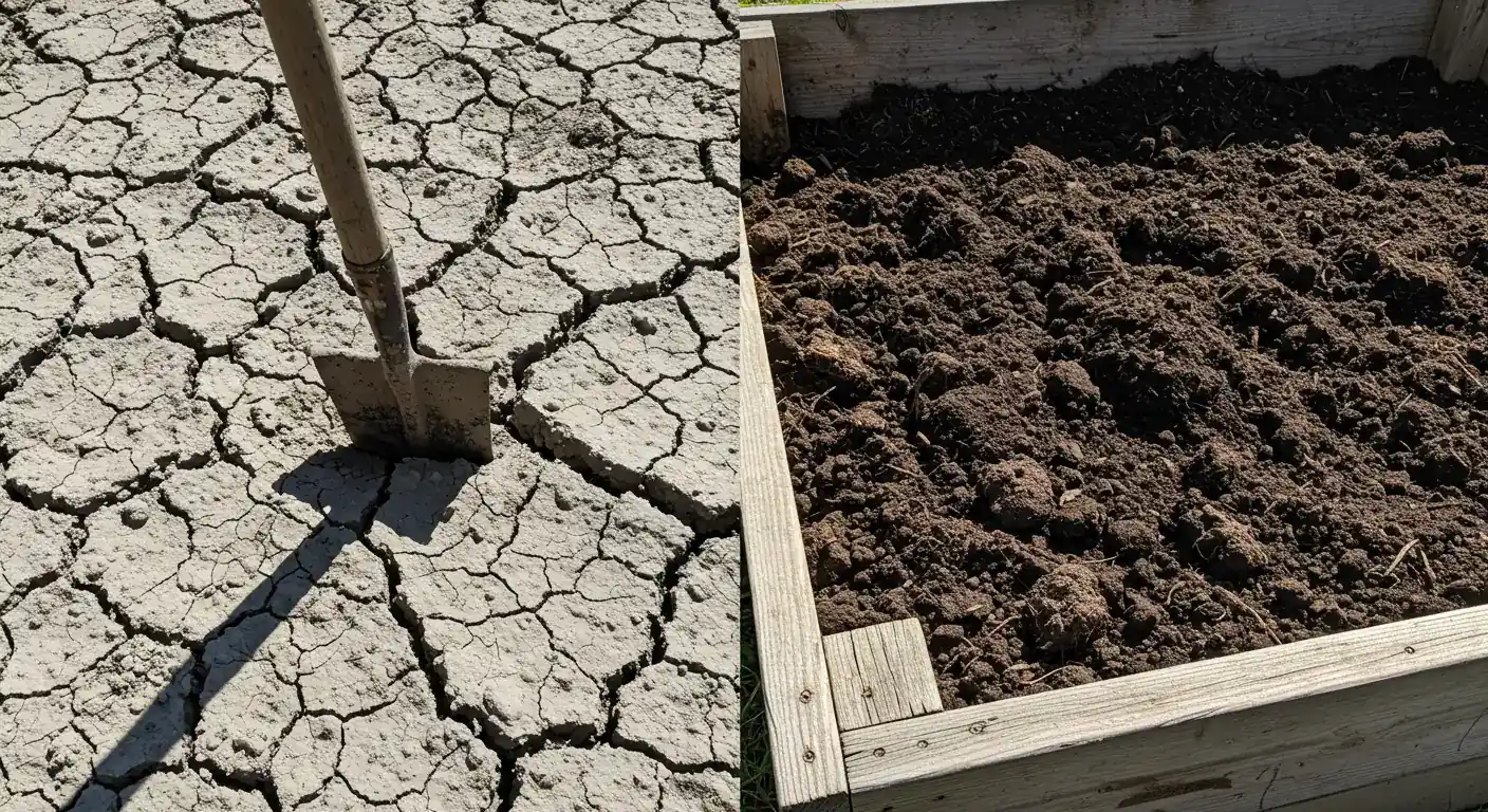 A visually contrasting split image. The left half shows a close-up of cracked, dry, pale grey Kenmore clay soil with deep fissures, perhaps with a garden spade stuck uselessly in it. The right half shows a close-up of dark, rich, fluffy soil mixed with compost inside a rustic wooden raised garden bed frame, looking fertile and easy to work.