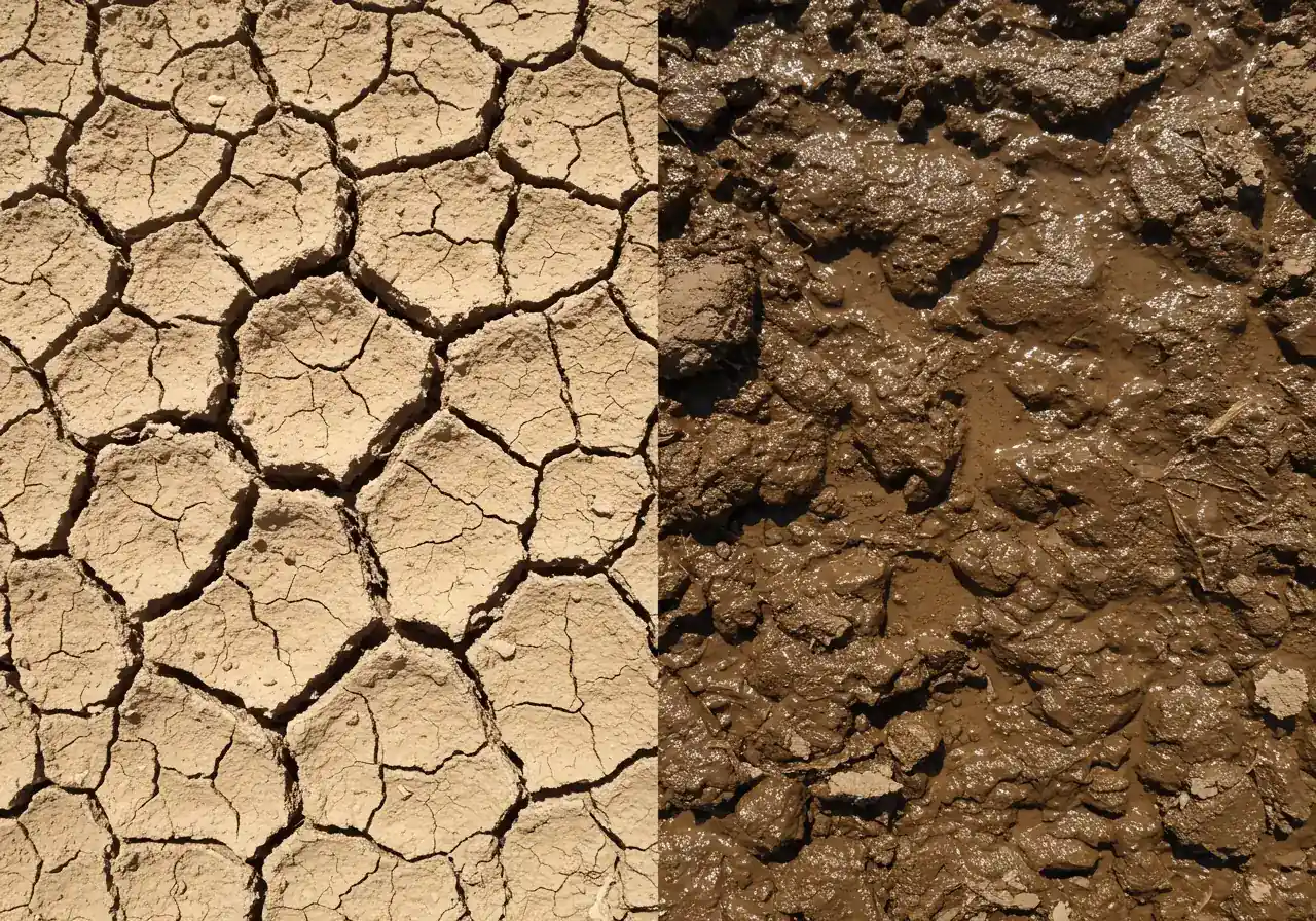 A split-image visual comparing the distinct textures of clay soil. The left side shows extremely dry, cracked, light-brown clay soil under harsh sunlight, emphasizing its hardness. The right side shows the same type of soil but dark, wet, and sticky, with maybe a garden trowel slightly embedded to show its density. Focus is on the texture and contrast between dry and wet states.